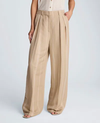 Kenneth Cole Striped Linen Blend High Rise Fly Front Double Pleat Wide Leg Pant