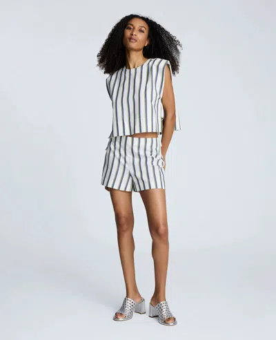 Kenneth Cole Striped Linen Side Zip Short In White