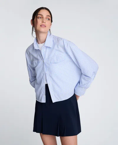 Kenneth Cole Striped Poplin Boxy Roll Sleeve Cropped Shirt In Blue