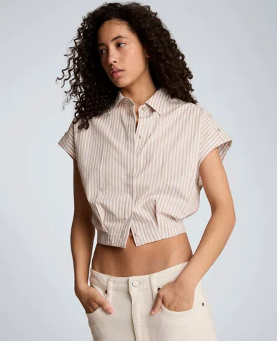 Kenneth Cole Striped Short Sleeve Cropped Button Front Shirt With Placket Shoulder Detail