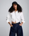 Kenneth Cole Strong Shoulder Cropped Poplin Button Front Shirt In White