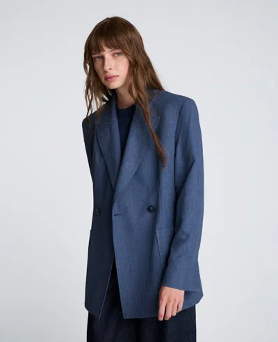 Kenneth Cole Textured Pinstripe Double Breasted Contour Jacket With Patch Pocket In Blue