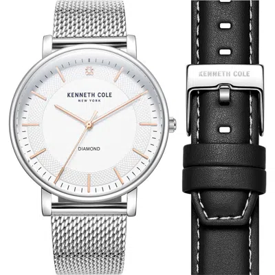 Kenneth Cole Three-hand Quartz Diamond Dial Watch & Interchangeable Strap Set, 42mm In Metallic