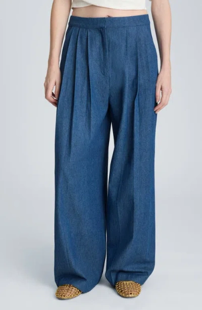 Kenneth Cole Triple Pleat Wide Leg Cotton Pants In Blue