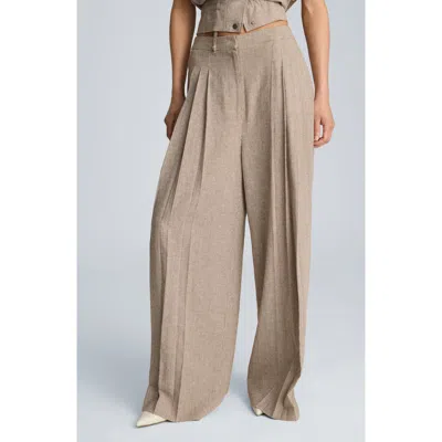 Kenneth Cole Triple Pleat Wide Leg Linen Blend Pants In Brown