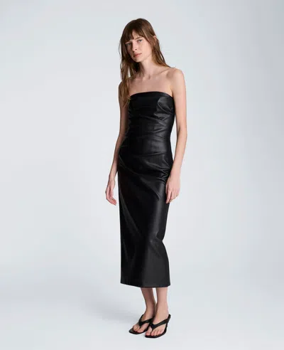 Kenneth Cole Tucked Detail Midi Strapless Vegan Leather Dress In Black