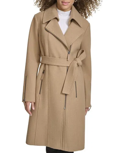 Kenneth Cole Tweed Belted Coat In Brown