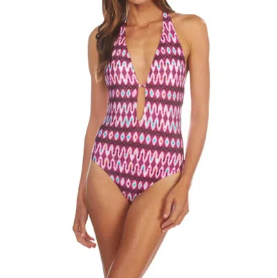 Kenneth Cole V-plunge Halter One Piece Swimsuit In Berry In Red
