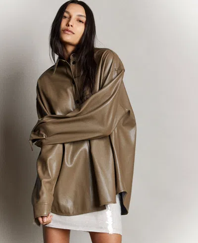 Kenneth Cole Vegan Leather Oversized Shacket In Wheatgrass