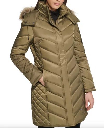 Pre-owned Kenneth Cole W Tags  Women's Faux-fur-trim Hooded Puffer Coat In Olive, Xs In Green