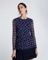Kenneth Cole Waist Knot Long Sleeve Mesh Knit Top In Blue