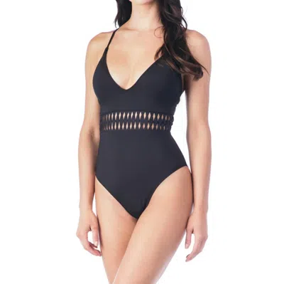 Kenneth Cole Weave Cross Back One Piece Swimsuit In Solid Black In Blue