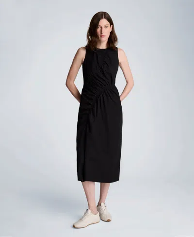 Kenneth Cole Asymmetric Ruched Cotton Blend Midi Dress In Black