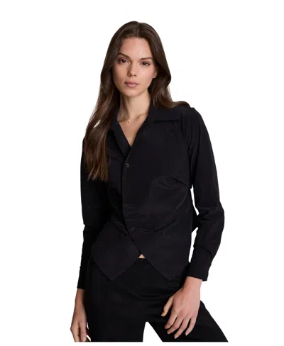 Kenneth Cole Women's Asymmetrical Long-sleeve Collared Knit Taffeta Shirt In Black
