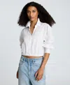 Kenneth Cole Cotton Poplin Y-neck Button Front Cropped Top In White