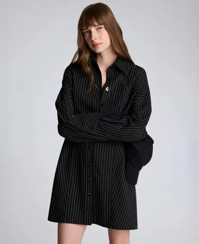 Kenneth Cole Pinstripe Long Sleeve Shirtdress In Black