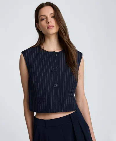 Kenneth Cole Women's Collarless Sleeveless Pinstripe Vest In Dk Navy,oyster