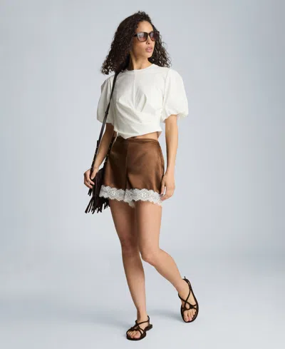 Kenneth Cole Women's Contrast Lace Hem Pull-on Shorts In White