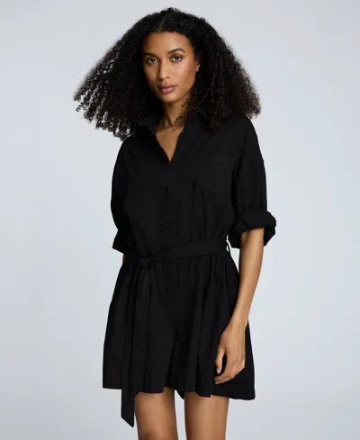 Kenneth Cole Women's Cotton Button-front Long-sleeve Romper In Black
