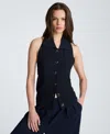 Kenneth Cole Collared Halter Sweater With Button Front In Blue