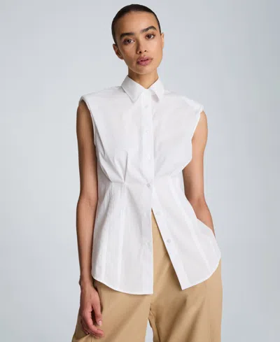 Kenneth Cole Women's Cotton-blend Pleated Sleeveless Shirt In White
