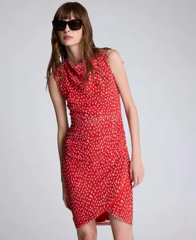Kenneth Cole Polka Dot Mesh Side Rouched Faux Wrap Dress In Red