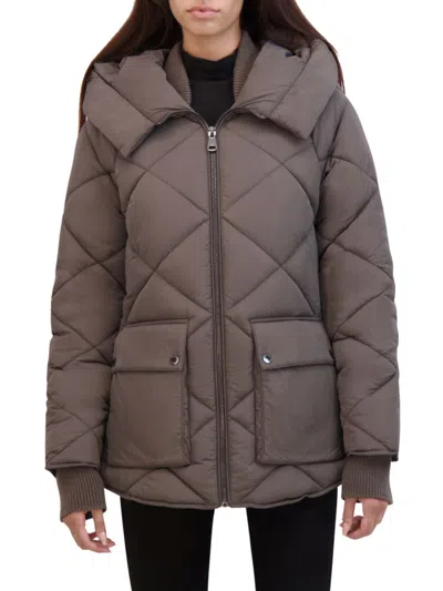 Kenneth Cole Diamond Quilted Crinkle Puffer Coat In Multi