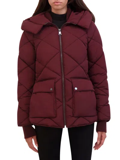 Kenneth Cole Diamond Quilted Crinkle Puffer Coat In Wine