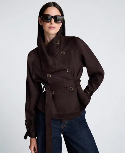 Kenneth Cole Faux Suede Cropped Belted Trench Jacket In Brown