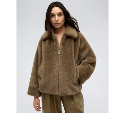 Kenneth Cole Womens Cuffed Sleeve Faux Fur Zip Front Jacket High Rise Wide Leg Double Pleated Pants In Wheatgrass