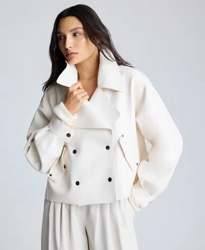 Kenneth Cole Women's Faux-leather Snap-front Short Trench Jacket In Oyster