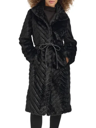Kenneth Cole Women's Long Belted Faux Fur Coat In Black