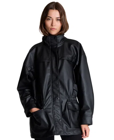 Kenneth Cole Women's Faux-leather Cinched-waist Anorak Jacket In Black