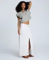 Kenneth Cole Denim Fly Front 4-pocket Maxi Skirt With Fray Hem In White