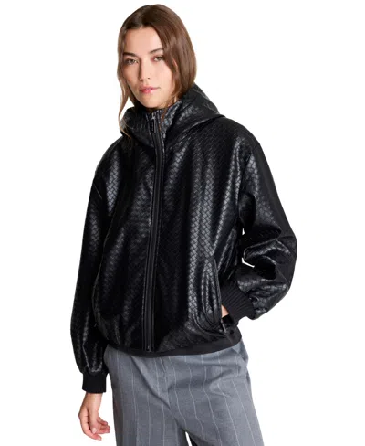 Kenneth Cole Women's Hooded Faux-leather Basketweave Bomber Jacket In Black