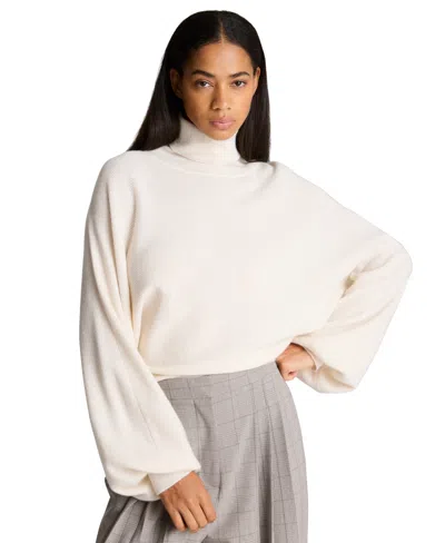 Kenneth Cole Women's Horizontal Stitch Dolman Cropped Turtleneck Sweater In White