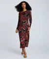 Kenneth Cole Printed Mesh Knot Front Long Sleeve Maxi Dress