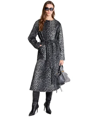 Kenneth Cole Women's Leopard-print Belted Collarless Coat In Black