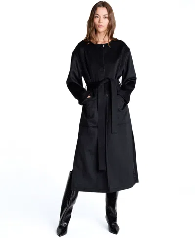 Kenneth Cole Women's Leopard-print Belted Collarless Coat In Black