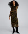 Kenneth Cole Printed Mesh Knot Front Long Sleeve Midi Dress In Green