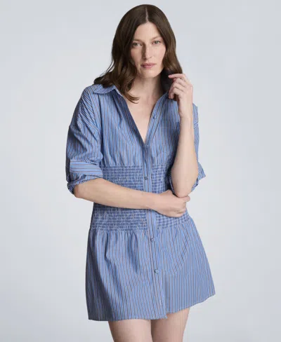 Kenneth Cole Women's Long-sleeve Drop Shoulder Mini Shirt Dress In Blue