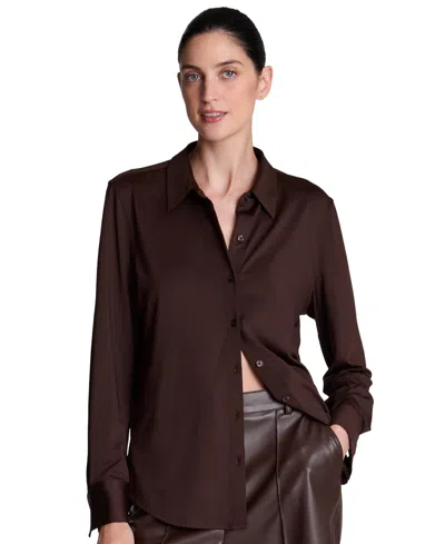 Kenneth Cole Women's Metro Knit Long-sleeve Button-front Shirt In Medium Bark