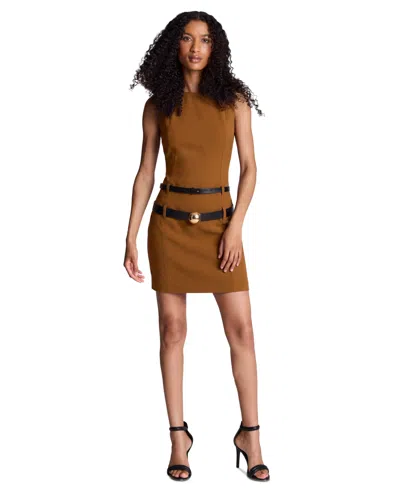 Kenneth Cole Women's Micro Tech Double Belted Crewneck Mini Dress In Brown