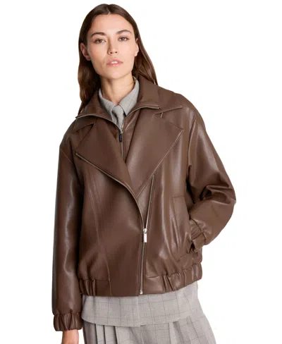 Kenneth Cole Women's Moto Asymmetrical Zip-front High-stand Collar Jacket In Brown