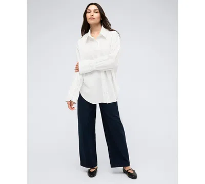 Kenneth Cole Womens Satin Striped Cropped Boyfriend Shirt High Rise Barrel Leg Denim Jeans In White