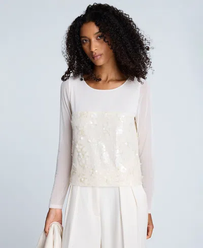 Kenneth Cole Women's Paillette Mesh Long-sleeve Top In White