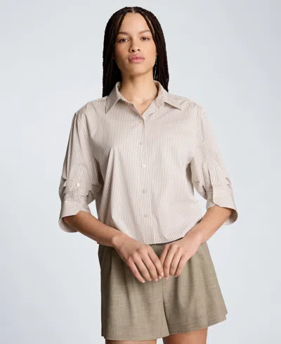 Kenneth Cole Women's Pleated Collared Neck Crop Shirt In Neutral
