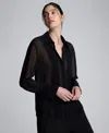 Kenneth Cole Chiffon Pleated Long Sleeve Blouse In Black