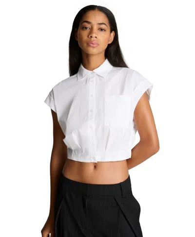 Kenneth Cole Women's Poplin Cropped Short-sleeve Button-up Shirt In White