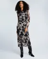 Kenneth Cole Printed Mesh Knot Front Long Sleeve Midi Dress In Multi